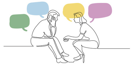 Wall Mural - young man and woman talking having conversation with speech bubbles