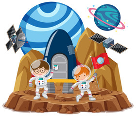 Wall Mural - Space theme with astronauts holding flag and satellite isolated on white background