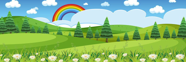 Horizon nature scene or landscape countryside with forest view and rainbow in the sky at daytime