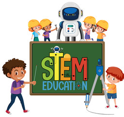 Wall Mural - Stem education logo with kids wearing engineer costume and robot isolated