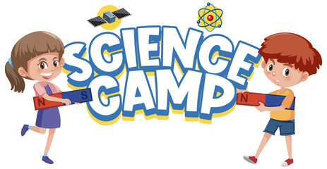 Wall Mural - Science camp logo and kids holding magnet isolated