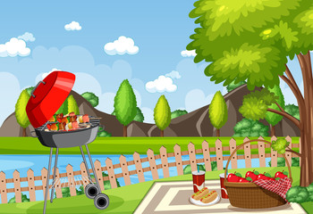 Wall Mural - Background scene with BBQ in the park