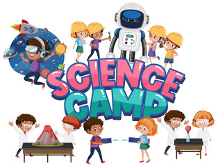 Wall Mural - Science camp logo and set of children with education objects isolated