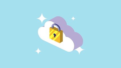 Poster - cyber security animation with padlock in cloud computing