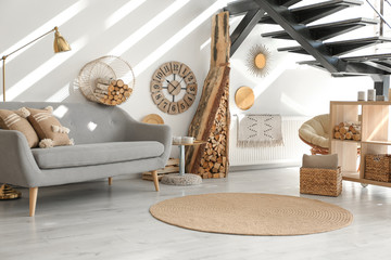 Wall Mural - Stylish room interior with firewood as decorative element