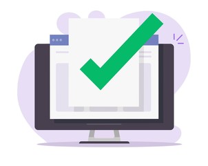 Fototapete - Approved and confirmed document file check mark online on computer pc blank empty, quality control checkmark icon flat cartoon, concept of digital accepted or certified license paper form