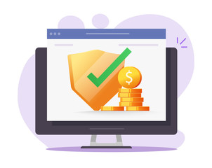 Aufkleber - Web money insurance digital vector financial web protection online guarantees, internet cash secure investment safety on desktop computer pc vector flat, electronic currency wealth shield icon modern