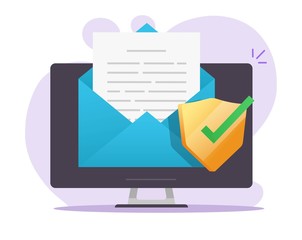 Aufkleber - Email document secure shield online vector on desktop computer icon on electronic mail letter text file protection, digital guard symbol flat illustration, antivirus security software verified