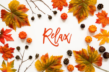 Wall Mural - bright colorful autumn leaf decoration, english text relax