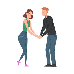 Sticker - Happy Young Man and Woman in Love Holding Hands, Romantic Loving Couple Cartoon Style Vector Illustration