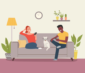 Wall Mural - Young woman, afro american man look into the smartphones and cat  sitting on sofa in the living room. Vector flat style illustration