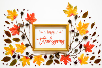 Wall Mural - colorful autumn leaf decoration, golden frame, text happy thanksgiving