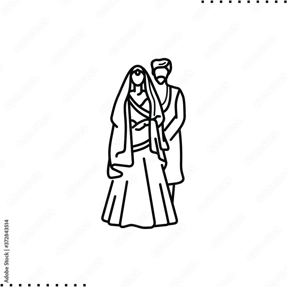 bridal wear, Indian bride and groom, heritage menswear and wedding dress  vector icon in outline Stock Vector | Adobe Stock, image size:1000x1000