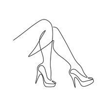 Pretty Women Legs On High Heels In Continuous Line Art Drawing Style. Minimalist Black Linear Sketch Isolated On White Background. Vector Illustration