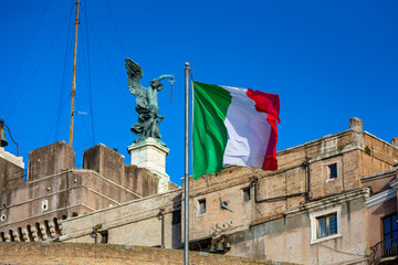 Wall Mural - Italian flag on the Saint Angel Castle in Rome.