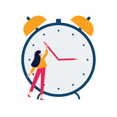 daylight saving time concept. young woman turn the hand of the clock. turning to winter or summer ti