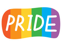 Pride Text Isolated On Rainbow Flag Background As Homosexual Tolerance And LGBTQ Concept, Flat Vector Stock Illustration As Logo Or Icon