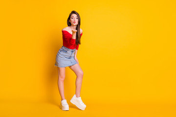 Sticker - Full length body size view of her she nice-looking attractive affectionate lovable thin fit slim girl long legs sending you air kiss isolated bright vivid shine vibrant yellow color background