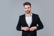 © be free - charismatic business owner. stylish realtor. handsome man wear formal suit. confident businessman in shirt and jacket. boss male. sexy ceo on gray background. modern office life. Young expertise