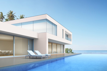 Poster - 3d render of beach house with swimming pool on sea background, Modern exterior.
