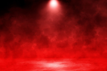 Wall Mural - empty space of studio dark room with white fog and red lighting effect on concrete floor gradient ba