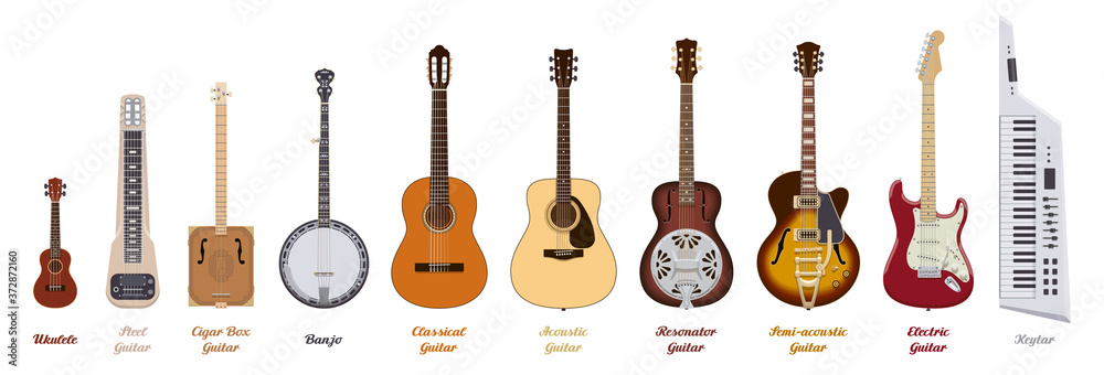 Guitar set. Realistic guitars of different types on white background. Musical Instruments. Vector illustration. - obrazy, fototapety, plakaty 