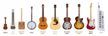 Guitar Set. Realistic Guitars Of Different Types On White Background. Musical Instruments. Vector Illustration.
