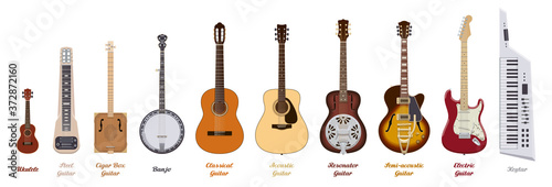 Guitar Set Realistic Guitars Of Different Types On White Background Musical Instruments Vector Illustration Stock Vector Adobe Stock