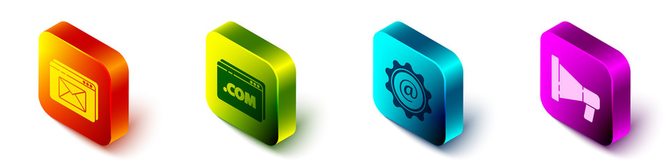 Poster - Set Isometric Website and envelope, Website template, Mail and e-mail and Megaphone icon. Vector.
