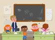 Dirty school classroom with teacher and naughty children vector illustration