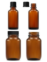 Brown Glass Apothecary Bottle. Medicine Jar Mockup Design For Natural Medicament. Vector Flacon Set For Fish Oil And E Juice. Amber Blank With Black Cap For Science, Pharmaceutical Drug Or Cosmetic