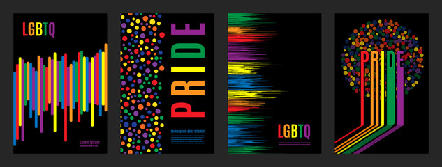 Lgbtq rainbow flag freedom community, pride pattern on black background, colorful cover illustration.