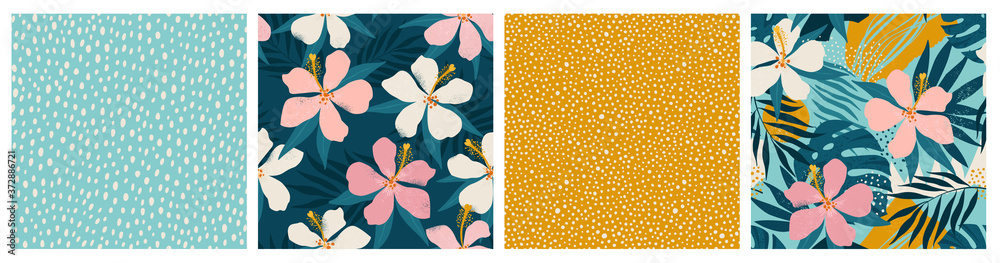 Contemporary floral and polka dot shapes collage seamless pattern set. Modern exotic design for paper, cover, fabric, interior decor and other users. - obrazy, fototapety, plakaty 