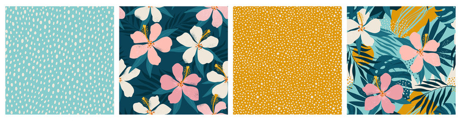 contemporary floral and polka dot shapes collage seamless pattern set. modern exotic design for pape