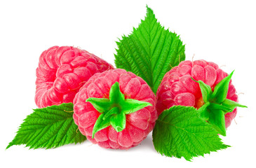 ripe raspberries with green leaf isolated on white background macro