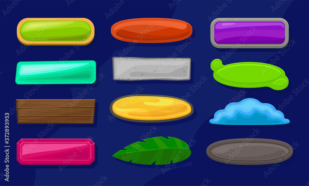 A set of cartoon long horizontal buttons of various shapes, textures ...