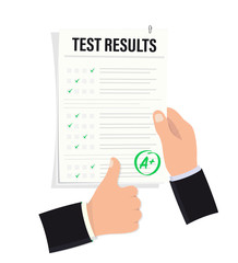 Poster - Hand holds an examination sheet with an excellent mark. Testing Success Sign. Good studying. Testing Success. Exam result, grade mark A plus. Thumbs up