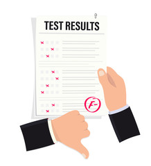 Poster - hand holds examination sheet with bad mark. bad exam mark. exam result, grade mark f minus. thumbs d