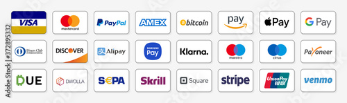 Vicenza Italy August 21 2020 Online Payment Methods Icons Set Company Logos Visa Mastercard Paypal American Express Bitcoin Amazon Pay Apple Pay Google Isolated E Commerce Payments Vector De Stock Adobe Stock
