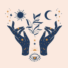 Vector Illustration Of Mystical Mudra Hands, Celestial Symbols Of Sun, Moon And Stars. Esoteric, Spiritual, Wicca Occult Inspired Concept. Perfect For Tshirt Graphic, Cards Etc.