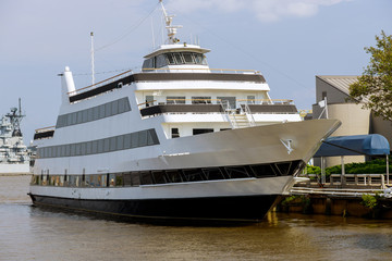 Yacht boat in the harbor with taxi in the seashore