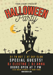 Wall Mural - Halloween party flyer. Trending autumn holiday banner poster with castle and bats and cemetery. Modern template, musical DJ design. Stock vector banner illustration