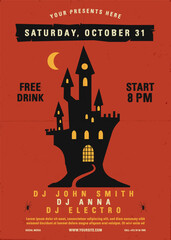 Wall Mural - Halloween party flyer. Trending autumn holiday banner poster with castle and moon. Modern template, musical DJ design. Stock vector banner illustration