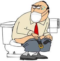 Wall Mural - Man wearing a face mask straining while sitting on a toilet