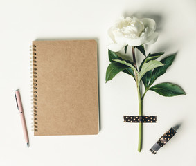 Wall Mural - flat-lay of beautiful peony flower taped on white background and closed notebook