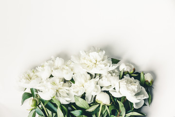 Wall Mural - flat-lay of beautiful peony flowers over white background, top view, copy space