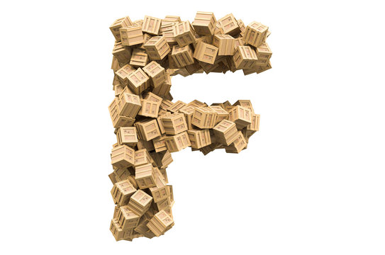 Letter F from wooden boxes. 3D rendering