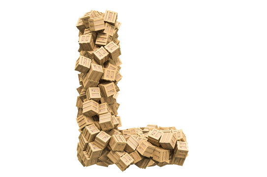 Letter L from wooden boxes. 3D rendering