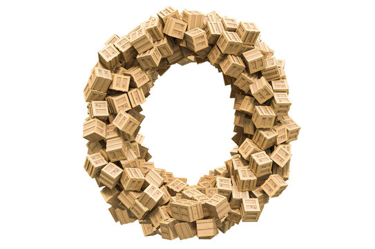 Letter O from wooden boxes. 3D rendering