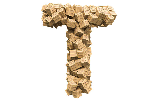 Letter T from wooden boxes. 3D rendering